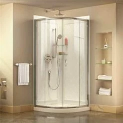 DreamLine DL-6152-01CL Prime 33 In. X 33 In. X 76.75 In. H Corner Semi-Frameless Sliding Shower Enclosure In Chrome With Base And Back Walls