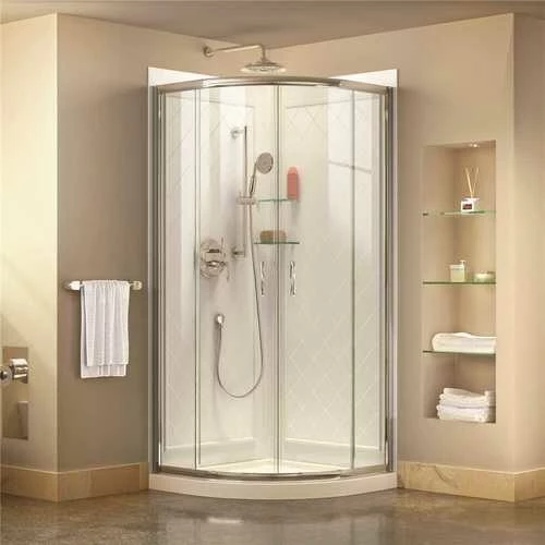 DreamLine DL-6152-01CL Prime 33 In. X 33 In. X 76.75 In. H Corner Semi-Frameless Sliding Shower Enclosure In Chrome With Base And Back Walls