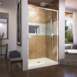 DreamLine DL-6219C-22-01 Flex 32 In. D X 42 In. W X 74.75 In. H Framed Pivot Shower Door In Chrome With Center Drain Biscuit Acrylic Base Kit