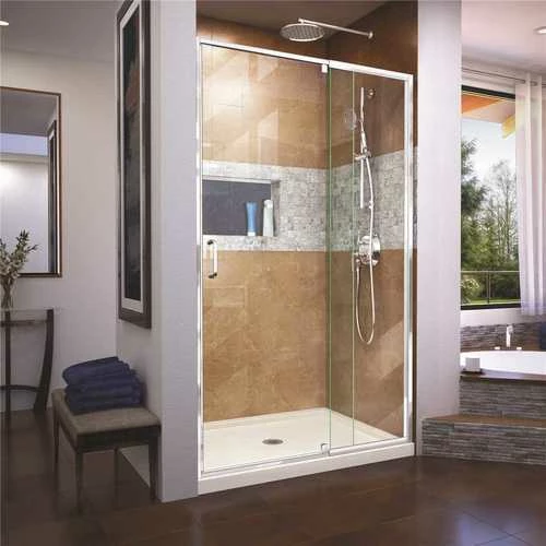 DreamLine DL-6219C-22-01 Flex 32 In. D X 42 In. W X 74.75 In. H Framed Pivot Shower Door In Chrome With Center Drain Biscuit Acrylic Base Kit