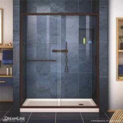 DreamLine DL-6971R-22-06 Infinity-Z 32 In. X 60 In. Semi-Frameless Sliding Shower Door In Oil Rubbed Bronze With Right Drain Base In Biscuit